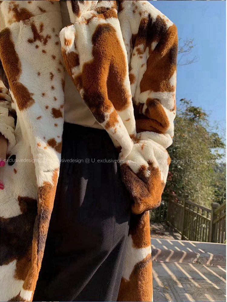 BZVW cow leopard print sheepskin wool coat womens lapel long sleeved contrasting loose coat winter item 25Z1332 241202