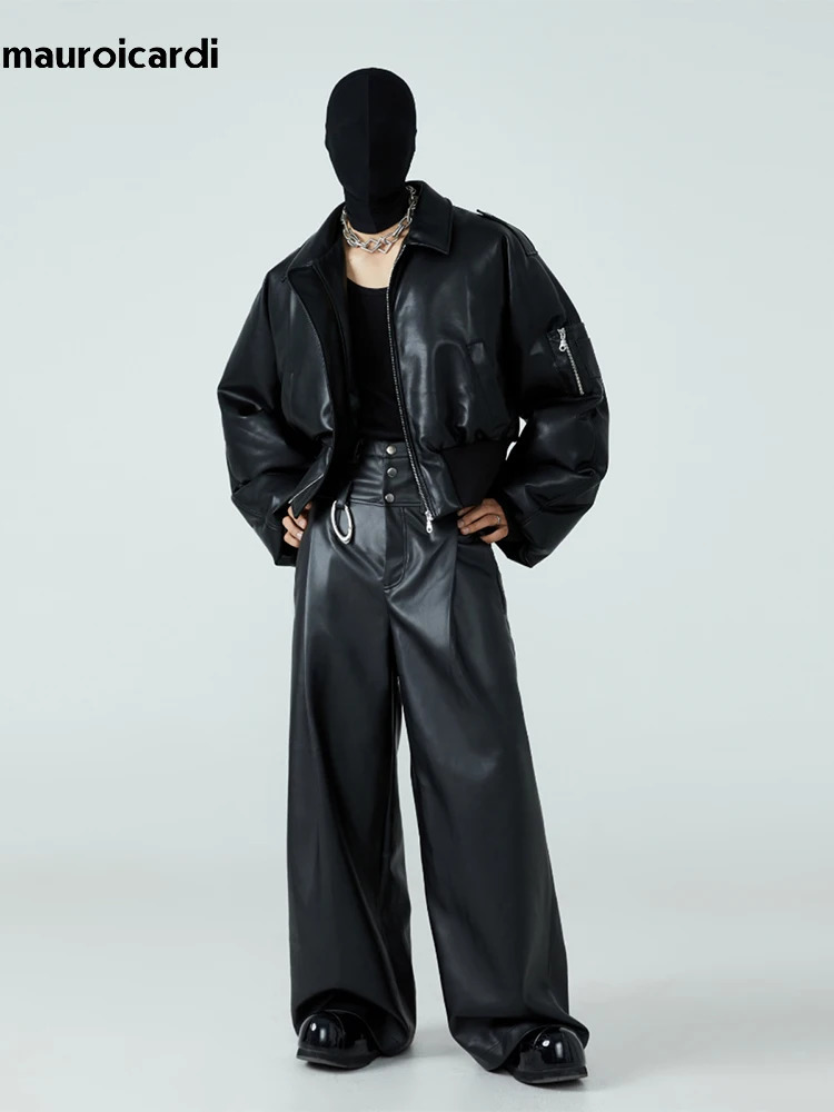 Mauroicaldi autumn short thick warm black Pu leather jacket mens long sleeved zipper casual er clothing 241205