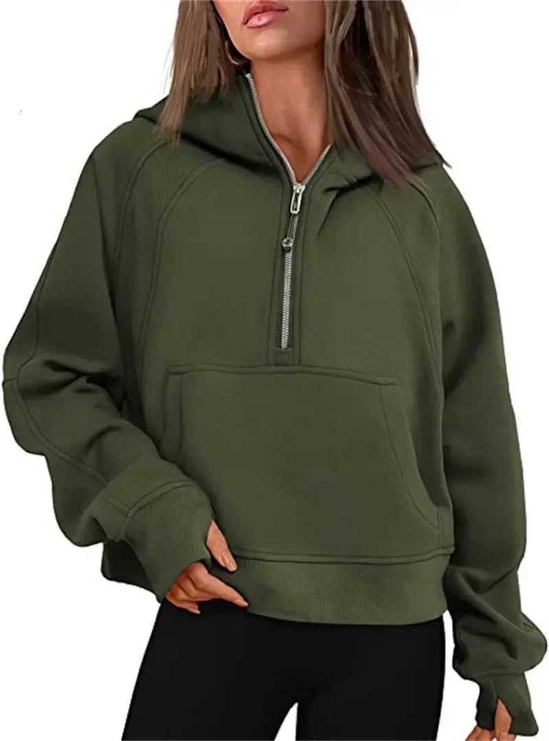 Autumnwinter Womens Sport Half Zip Hoodie Sweatshirt Loose Cropped Fleece Hoodies Women 241203