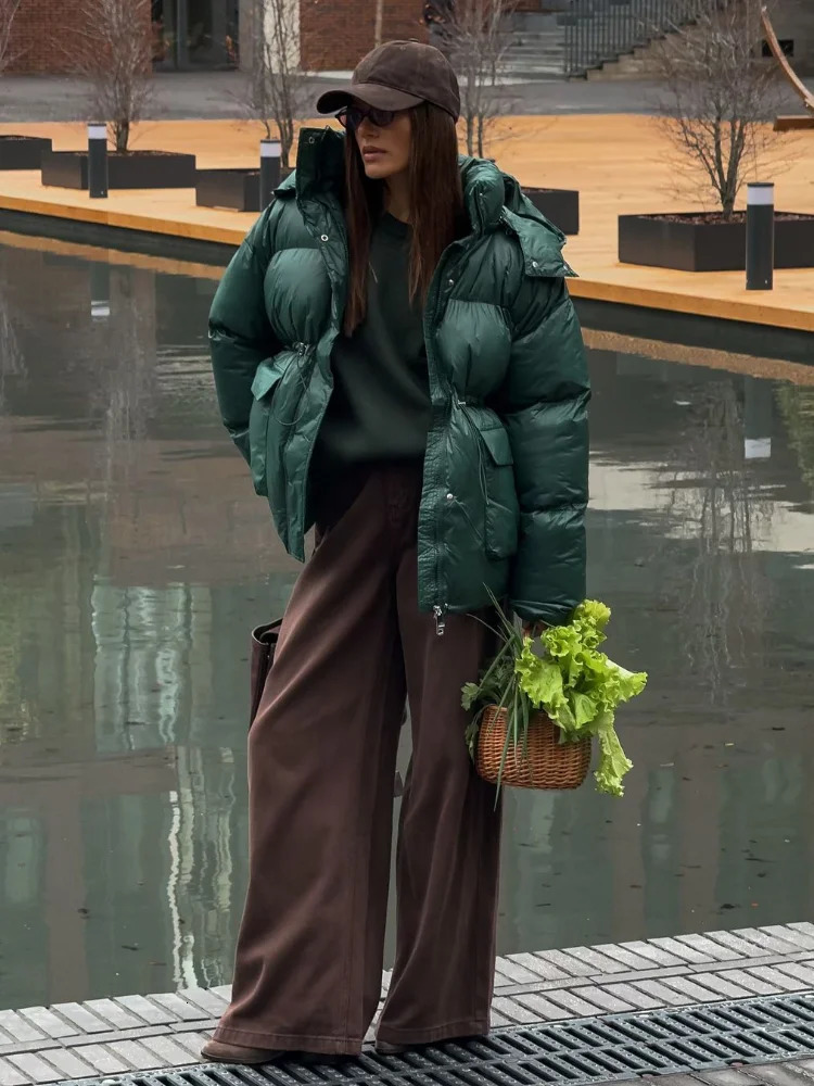Winter Warm Brown Hooded Thick Cotton Jacket Womens Drawstring Pocket Quilted Jacket 2025 Fashion Leisure Street Jacket 241202