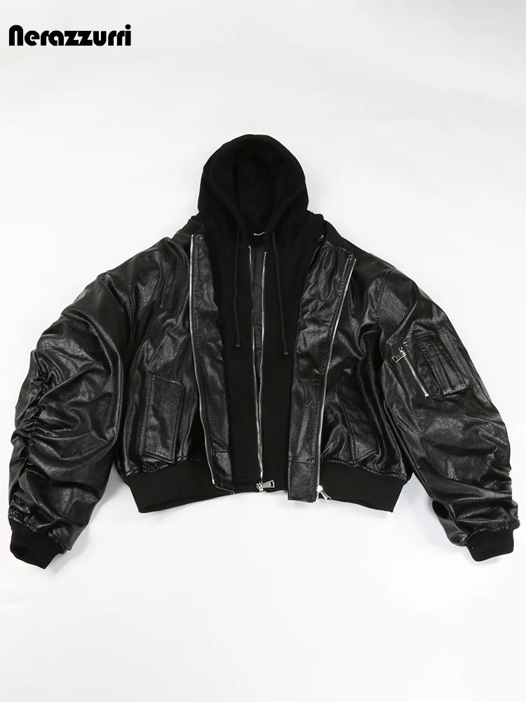 Blue and Black Legion Autumn cool and handsome oversized brown thick leather jacket mens hood 2 pieces of European clothing 241205