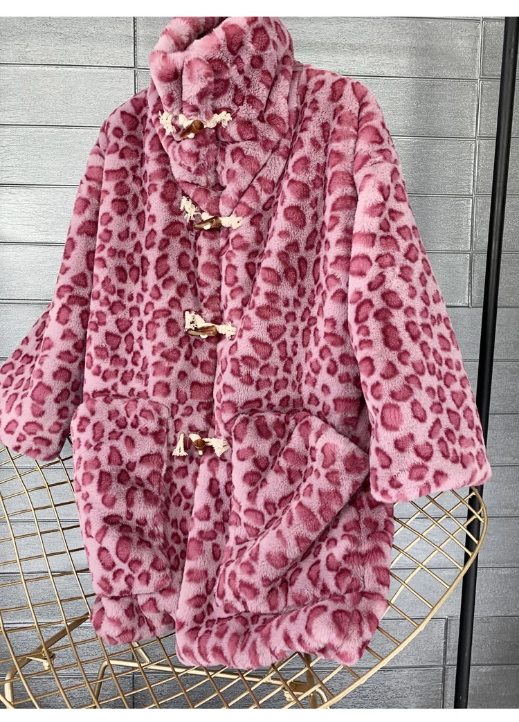 Womens fashionable faux fur coat with loose collar long pink leopard print horn button womens coat factory direct sales 241202