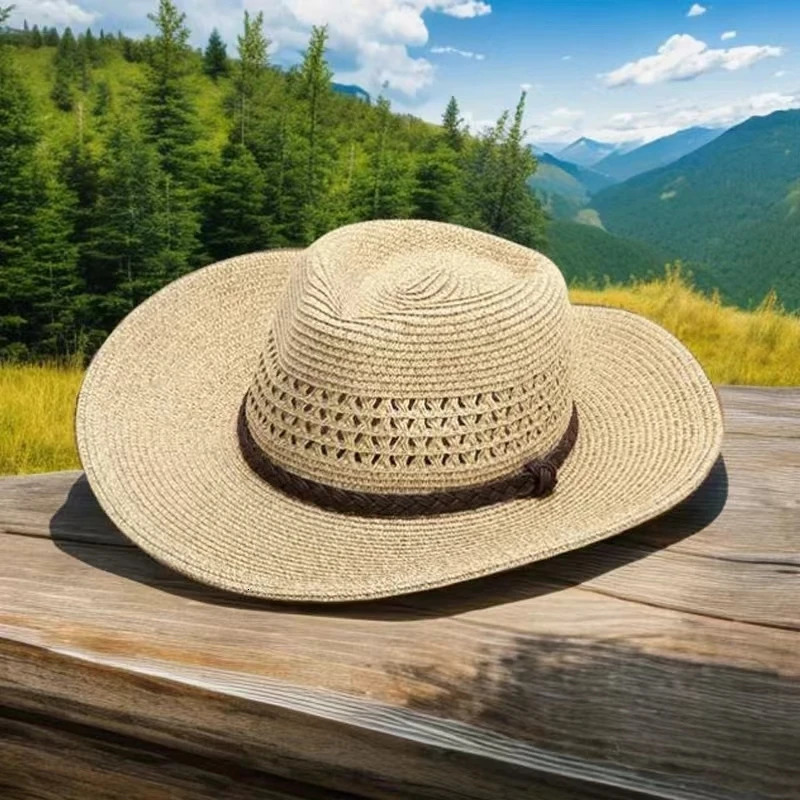 Summer mens hollow folding straw hat outdoor sun hat beach hat big Eaves Korean version straw hat 241206