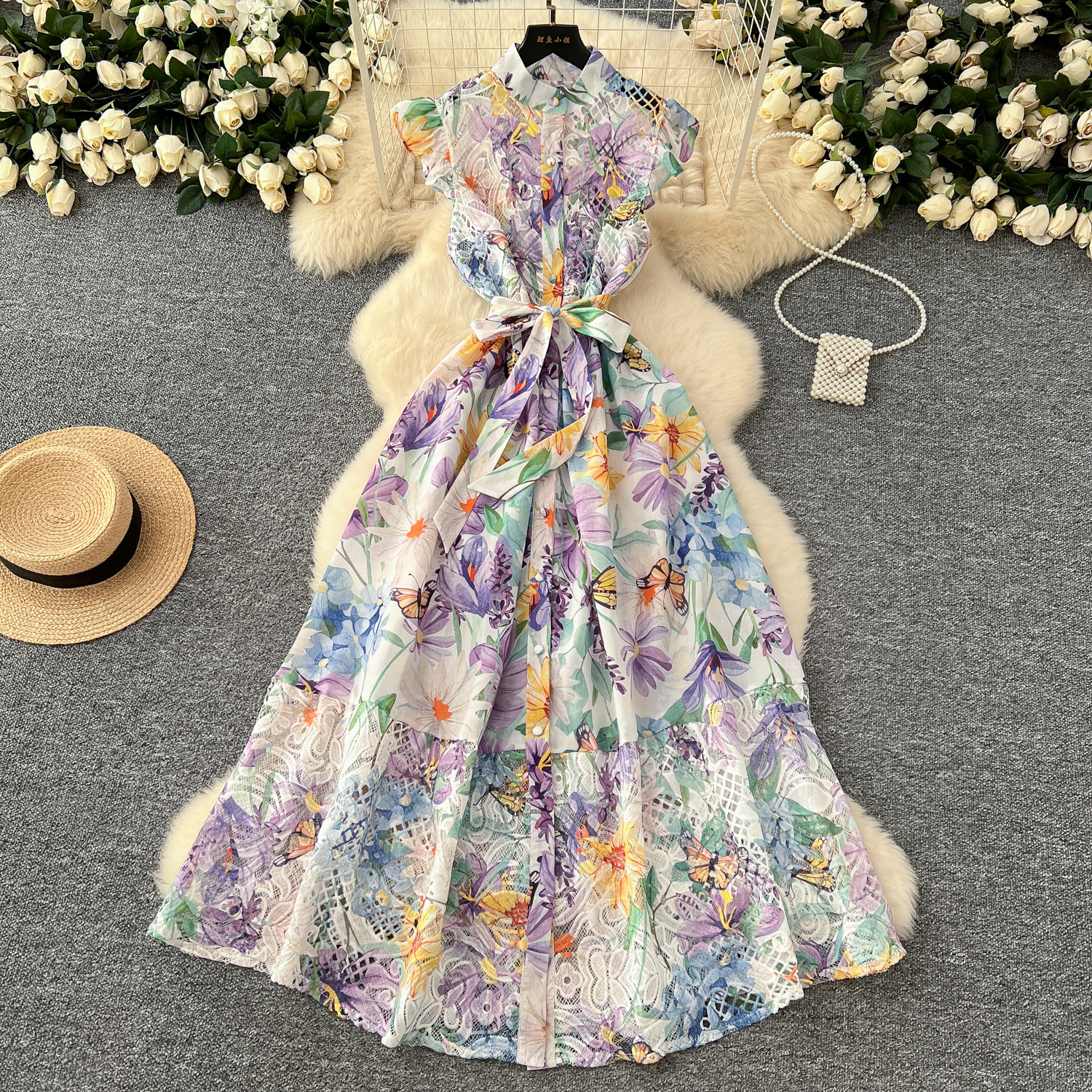 Casual Dresses Women Summer Gorgeous Flower Embroidery Lace Spliced Wedding Dress Women Ruffles Sleeve Colorful Belt Long Robe Holiday Party Vestidos 