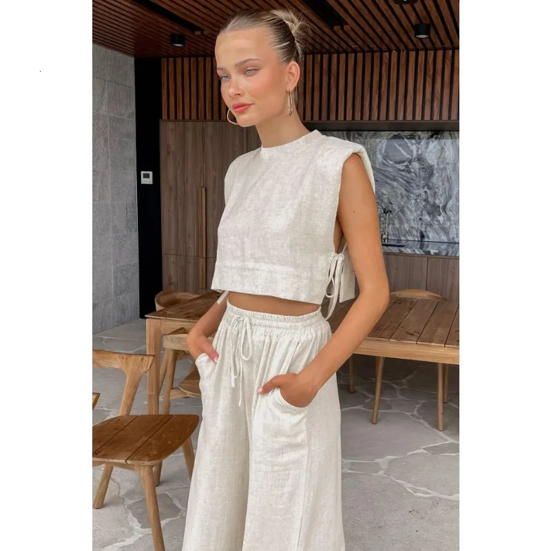 Cotton linen pants set khaki summer womens 2-piece fashionable lace top casual elastic waist loose pants set 241205