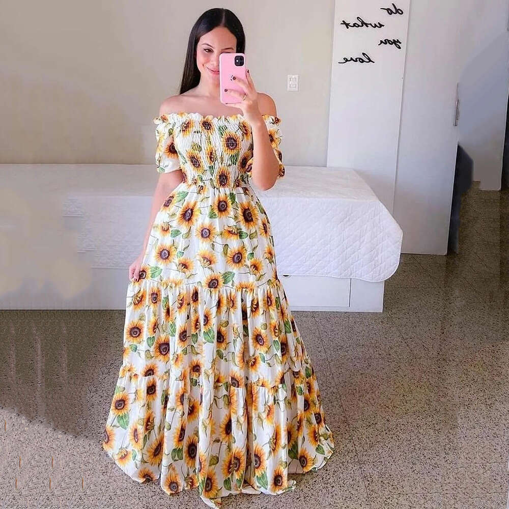 Spring/Summer European and American Women's Dress One ral Off Shoulder Long Printed Skirt 2024 New Casual Versatile Fashion Clothing