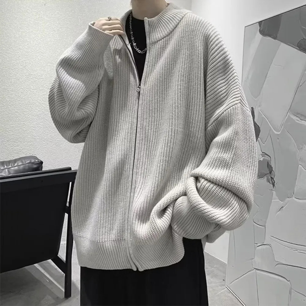 Mens knitted top for spring summer autumn winter streetwear Korean style stand up collar solid color pit stripe slim fit mens sweater cardigan 241206