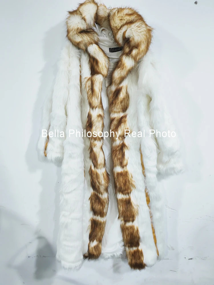 Winter long sleeved faux fur warm coat long sleeved coat fox fur coat womens long hooded fur one-piece fur coat S-XXXXL 241202