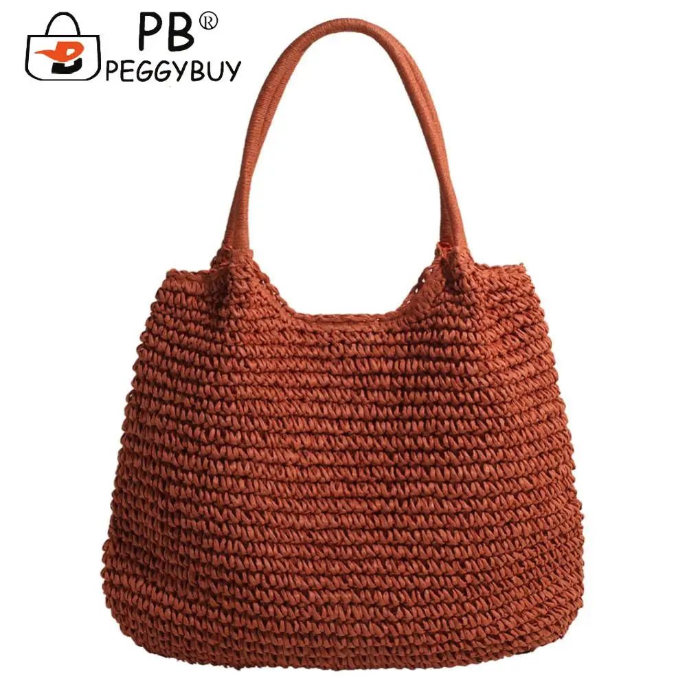 Women Vintage Shoulder Bag Large Capacity Crochet Beach Handbag Solid Color Simple Weaving Ladies Summer Daily 241203