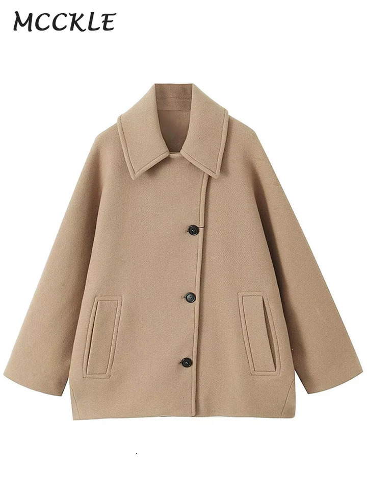 Single breasted lapel jacket womens loose wool long sleeved pocket short autumn elegant casual top 241206