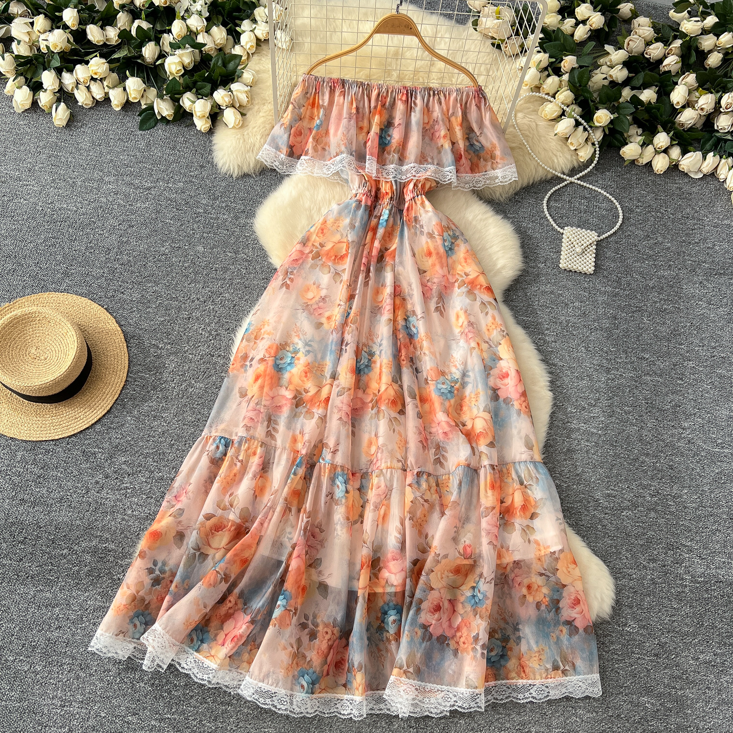 Summer New Casual Dresses 2025 Summer Gorgeous Flower Chiffon Holiday Dress Womens Sexy Off Shoulder Floral Print Lace Trims Elastic Waist Maxi Vest