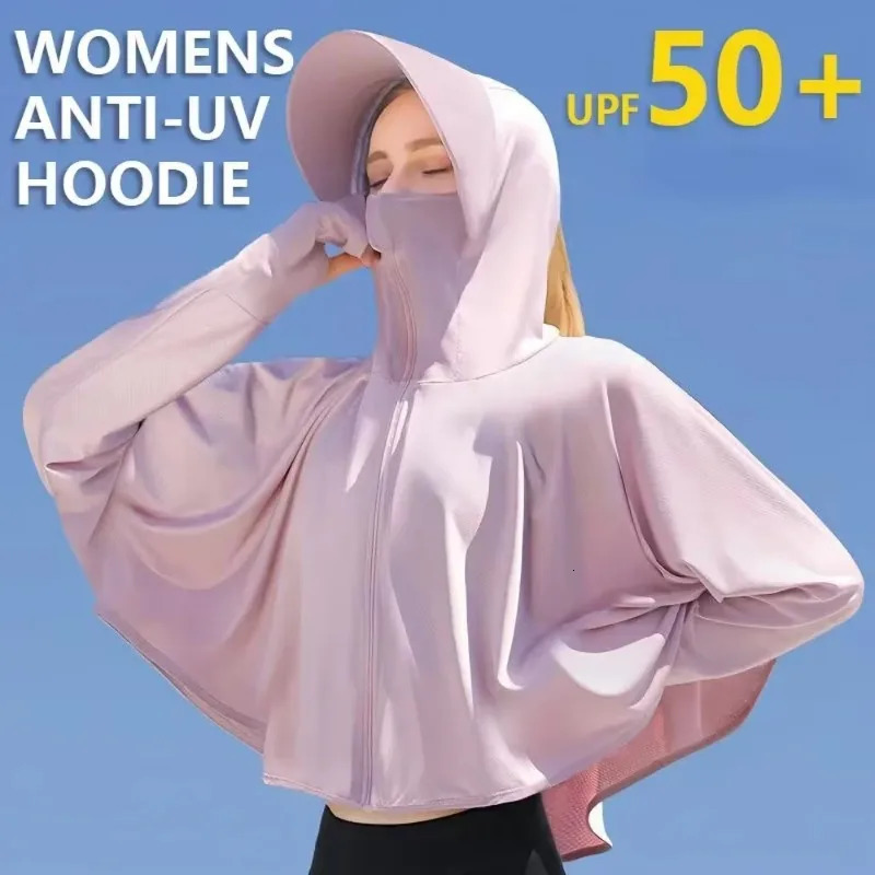 UPF 50Womens Sunscreen Hoodie Solid Color Thin Ice Silk Summer UV Protection Long Sleeve Jacket Breathable Shirt Clothing 241206