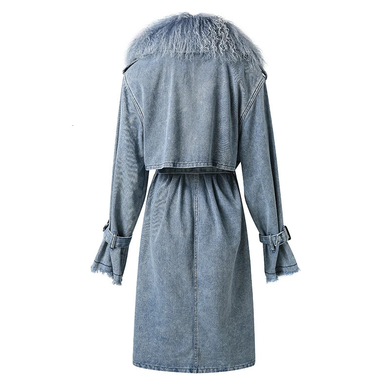 Womens Fashion Mongolian Fur Collar Denim Jacket Spring and Autumn Long Trench Coat with Detachable 241206
