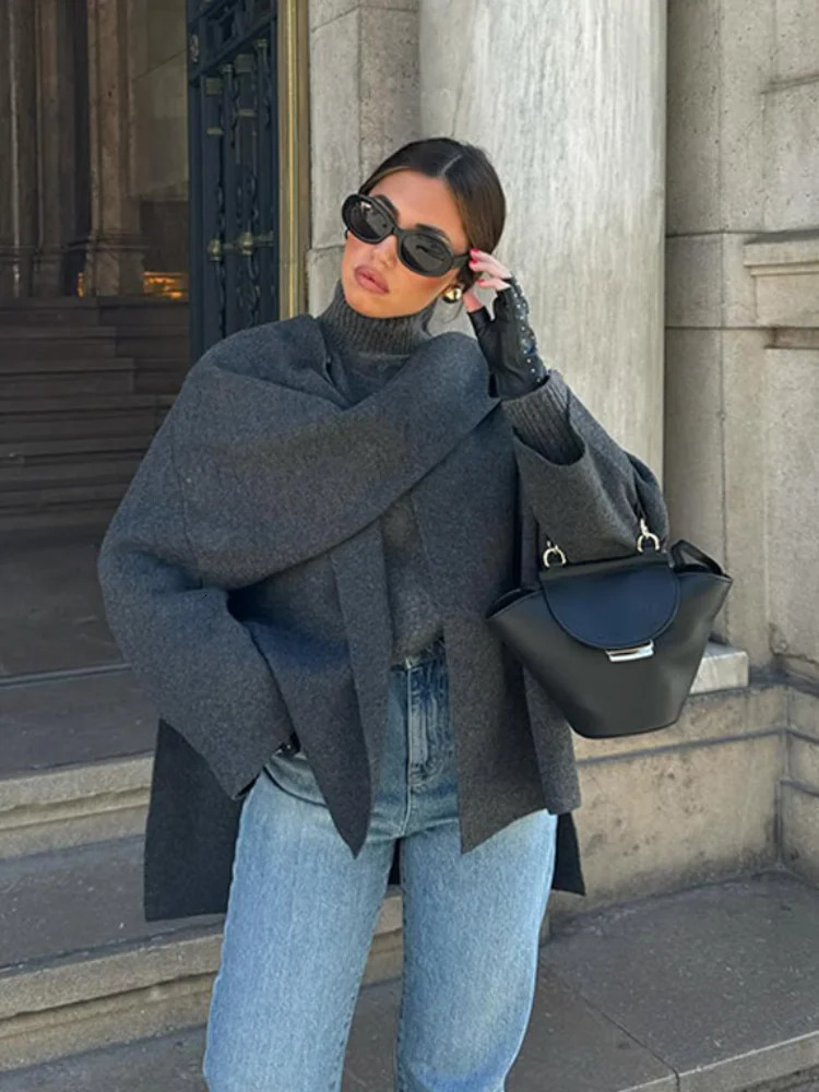 2024 scarf collar wool womens jacket elegant long sleeved side split casual chic autumn coat 241206