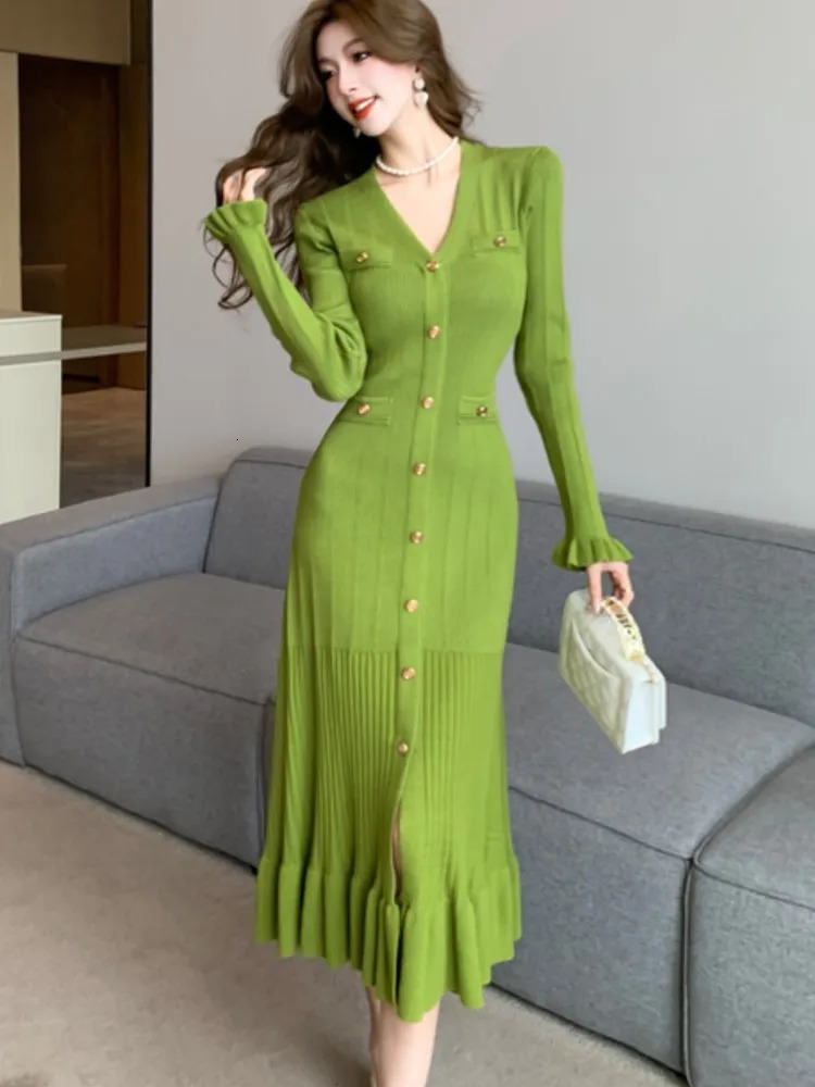 Autumn solid knit womens dress single chest chic pleated sleeves casual hem womens office elegant robe 241205