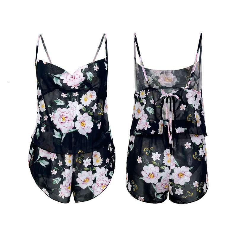 New chiffon camisole shorts print set with sexy back straps tempting home wear 588 2024 new casual fashion trend clothing