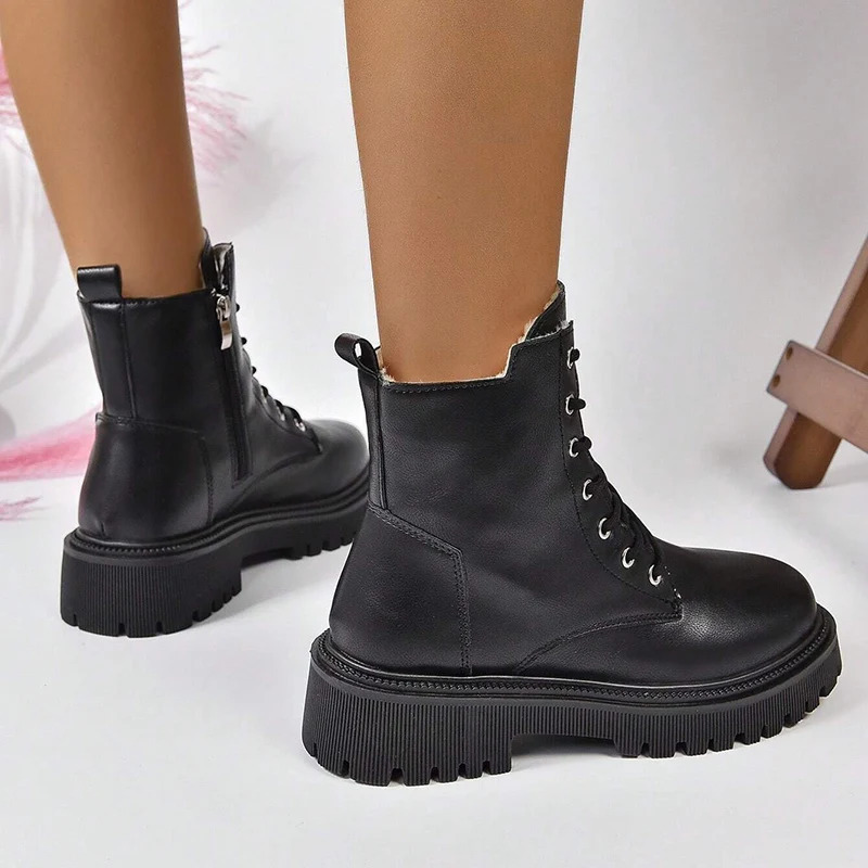 Winter Warm Short Plush Ankle Boots Fashion Zipper Lace Up Platform Combat Comfortable Low Pu Leather Botas Unprinted Good Product 241206