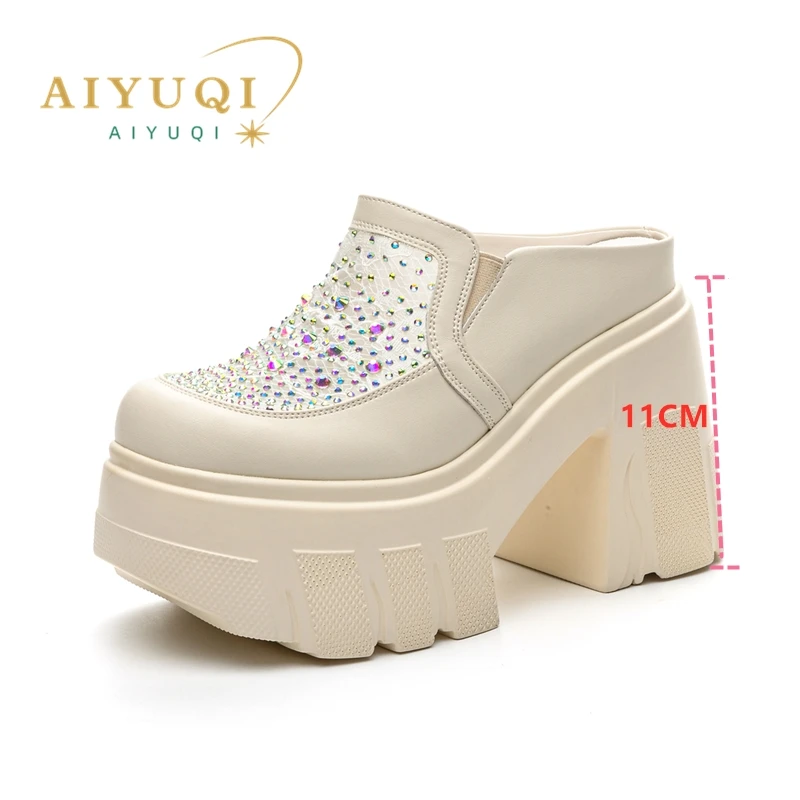 AIYUQI Women's Slipper Genuine Leather Summer Women's Slippers Rhindiamonds 11cm High Toe Closed Slippers Women