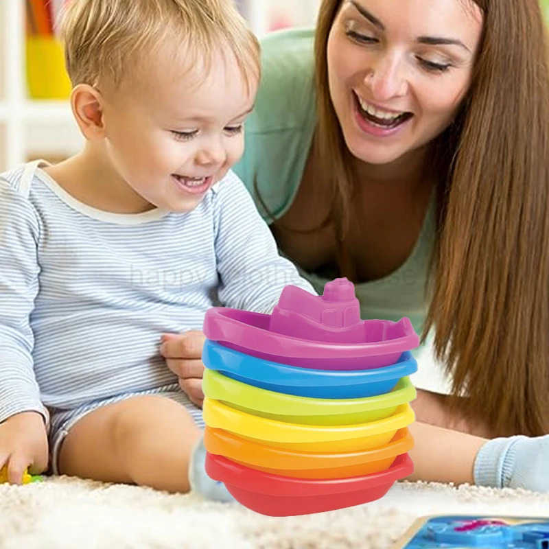 Stacking Cup Bath Toys for Kids Colorful Folding Boat Shape Tower Early Educational Baby Toys Swimming Pool Beach Toys GiftsXJ241207