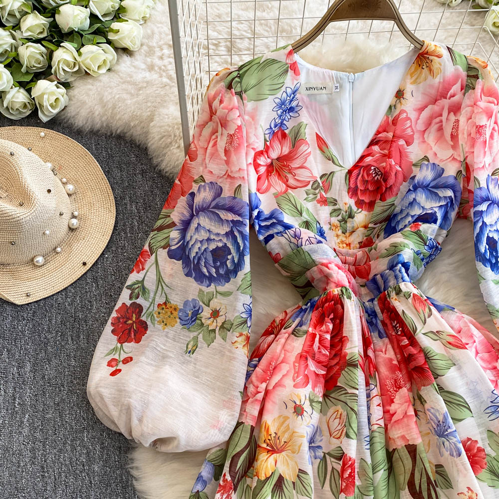 Fashion Casual Dresses 2025 New Casual Elegant Boho Vacation Party Dresses Women's V-Neck Gorgeous Floral Print Long Lantern Sleeve Summer Maxi D
