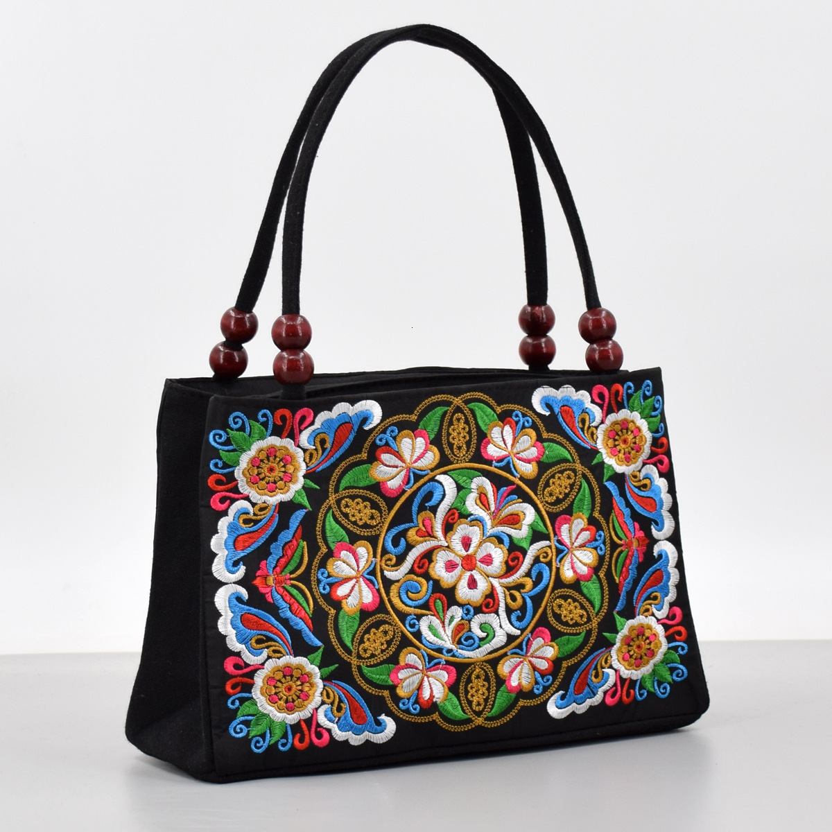 Ethnic style double-sided embroidered handbag with wooden bead accessories, double-layer zipper, hand-held canvas bag, portable mobile phone wallet