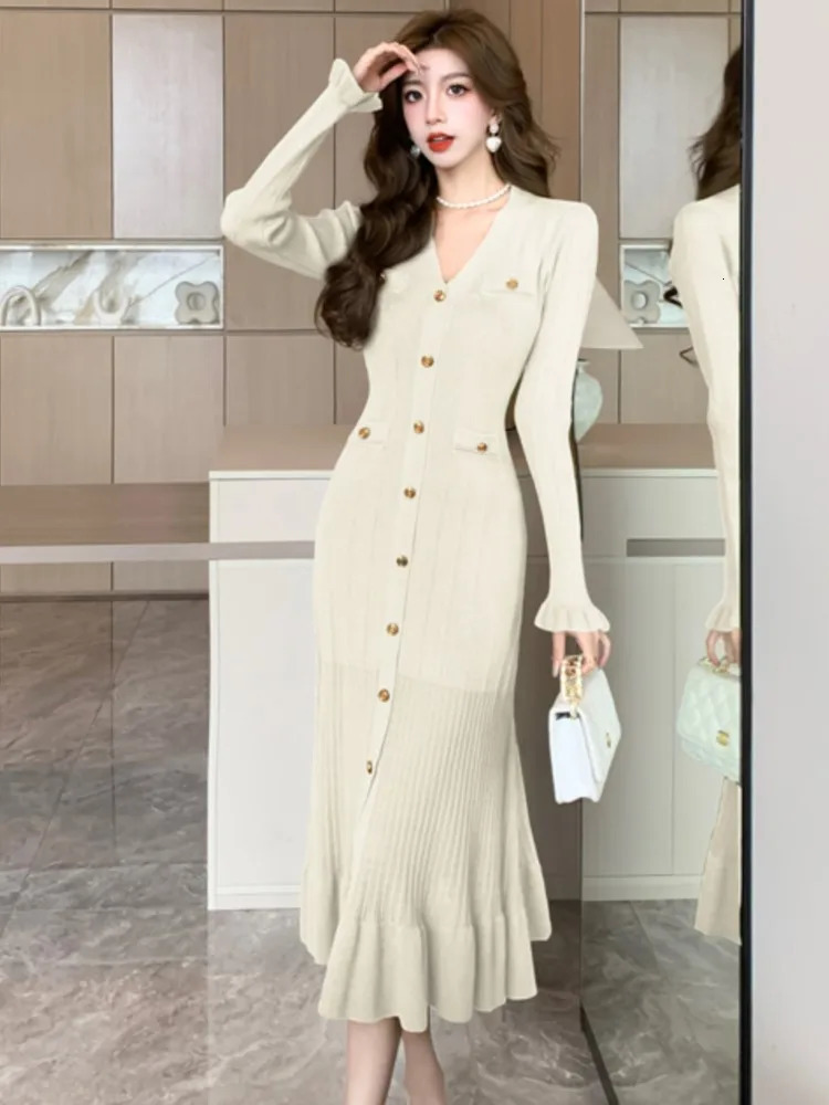 Autumn solid knit womens dress single chest chic pleated sleeves casual hem womens office elegant robe 241205