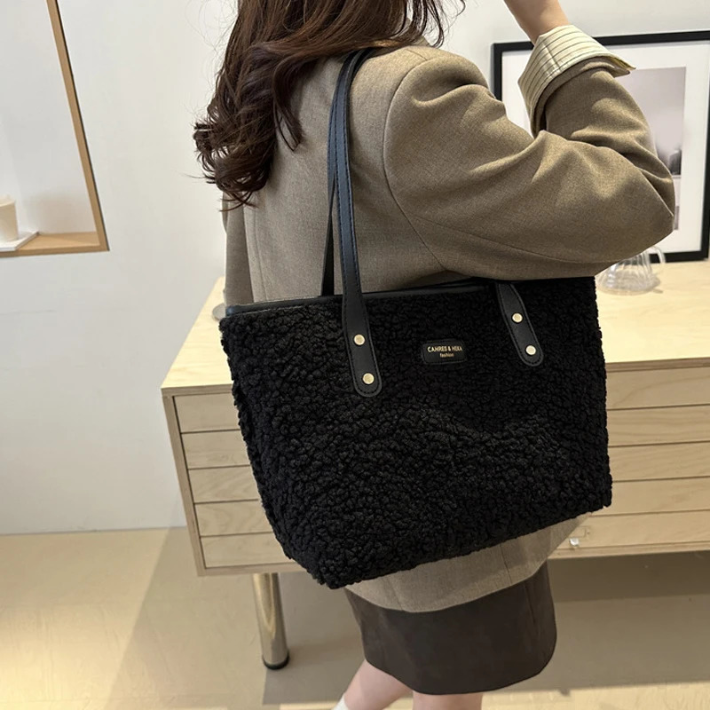 Cashmere womens handbag winter fluffy fur handbag large capacity womens business bag solid color shoulder bag shopping bag 241205