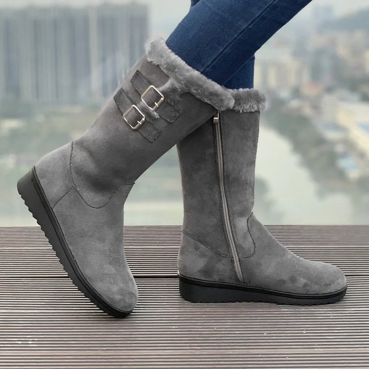 Womens Winter Shoes 2024 Thick Heel Medium Calcium Plush Snow Boots Fashion Warm Chelsea High Fur Leather Bottas MUJI 241206