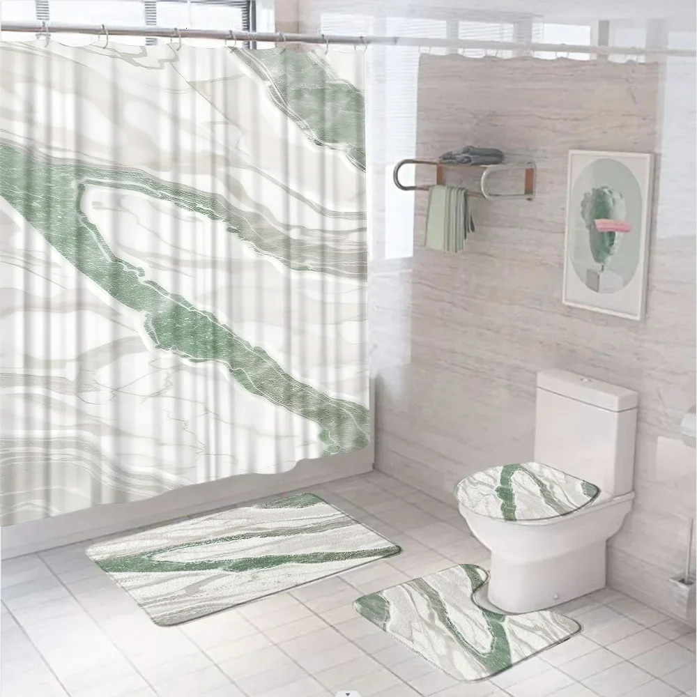 Vintage Blue Gold Marble Terrazzo Shower Curtain Sets 3D Bathroom Curtain Non-Slip Bath Mat Rugs Toilet Cover Home Decor 241206