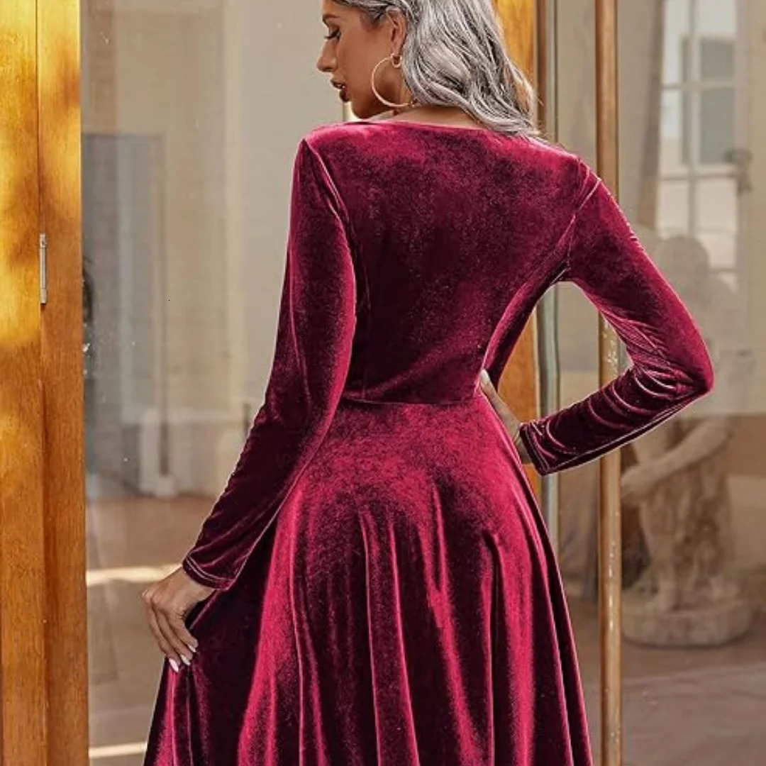 Christmas Party Basic Velvet Midi Dress A-Line Round Neck Long Sleeve Elegant Dress Fashion Womens Dress Holiday Dress 241205