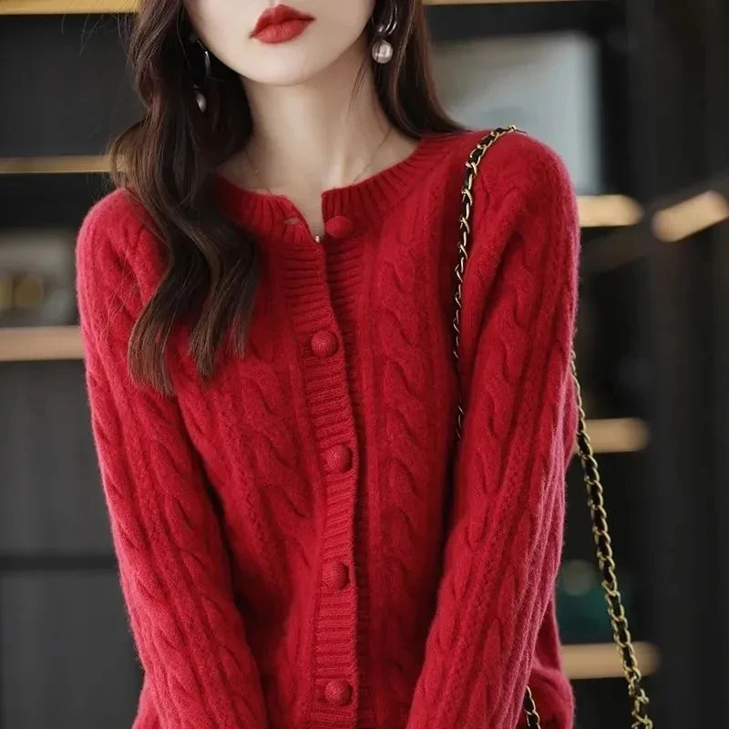 Womens spring and autumn knitted cardigan jacket casual round neck red top loose fashionable sweater 241206