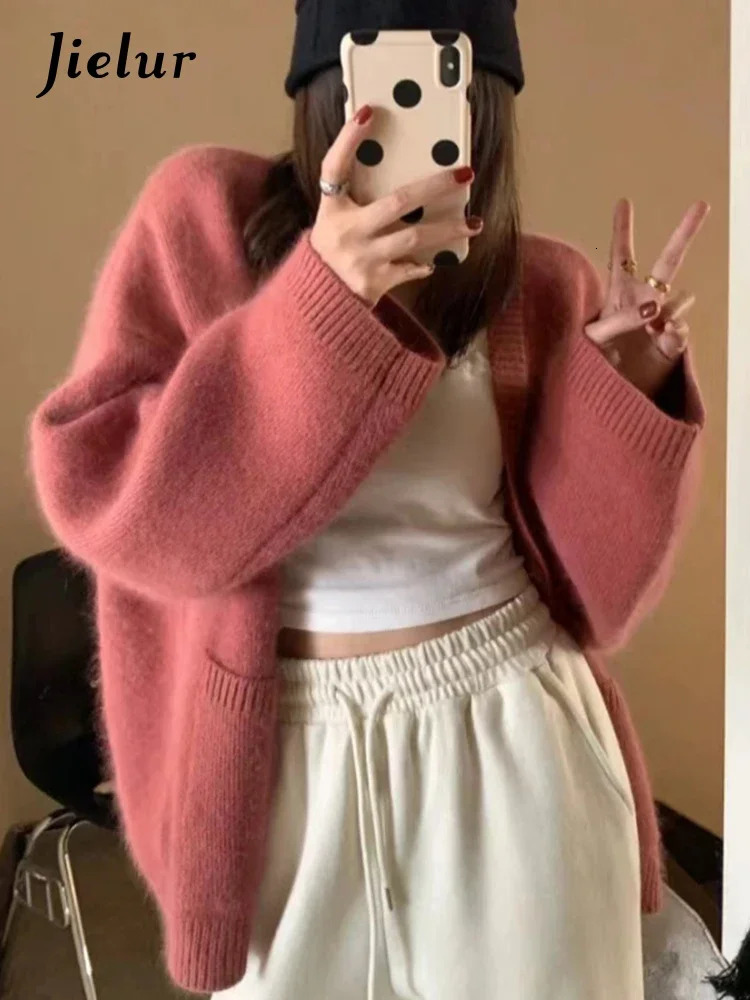Korean black chic Vneck single chest knitted womens cardigan solid color long sleeved loose casual 241206