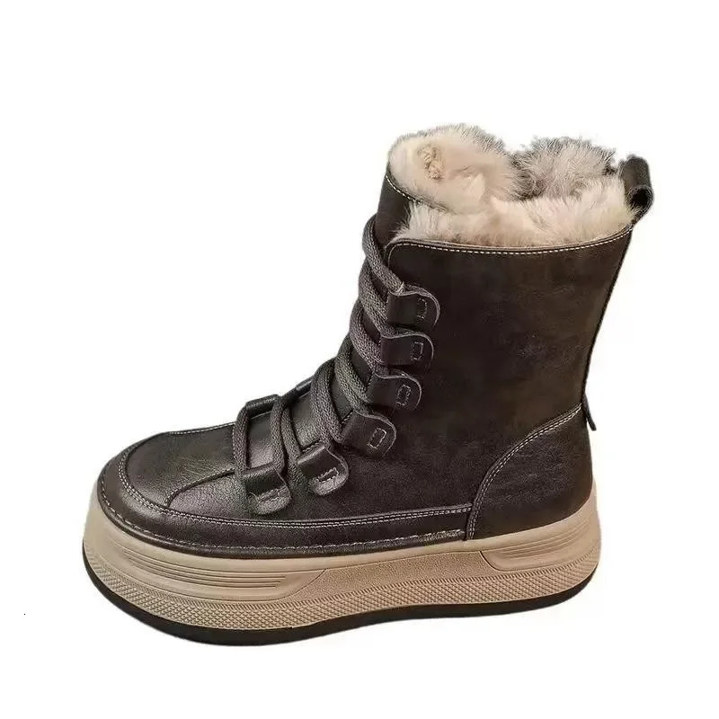 Winter Snow Womens Boots Platform Small Leg Boots Sewing Round Lace Flat Edge Zipper Womens Shoes 241205