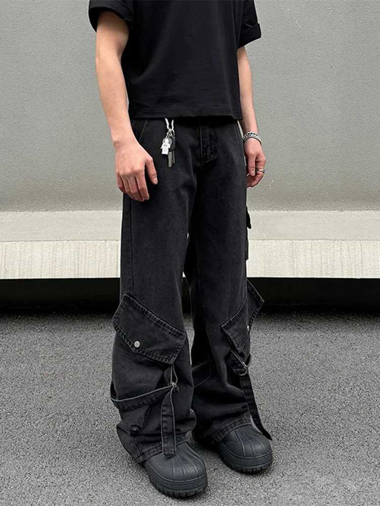 High Quality Cyber Y2K Streetwear Black Multi Pocket Jeans Mens Cargo Pants Designer Clothing Straight Trousers Pantalon Homme T241207