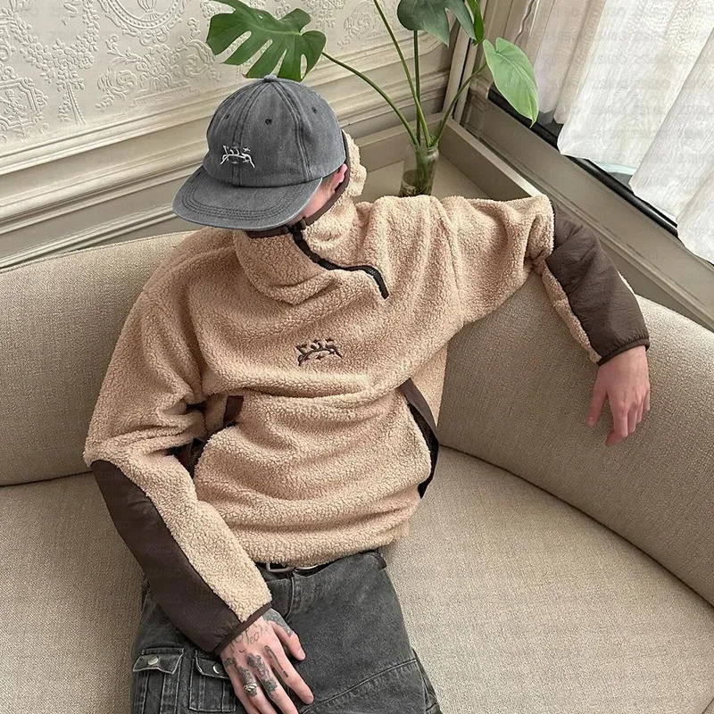 Haruku style fashionable loose jackets with lamb wool hoodies women splicing zipper sweatshirts trendy couples jacket clothes 241203