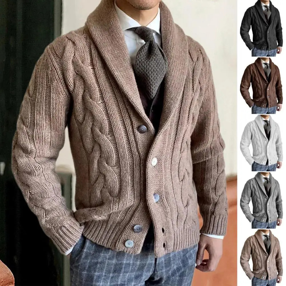 Mens sweater cardigan lapel long sleeved twisted texture button clre knitted jacket loose fit suitable for casual outerwear 241206