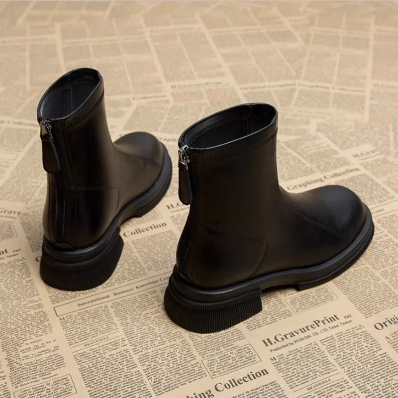 Black platform womens ankle boots fashionable soft leather shoes autumn thick short 241206