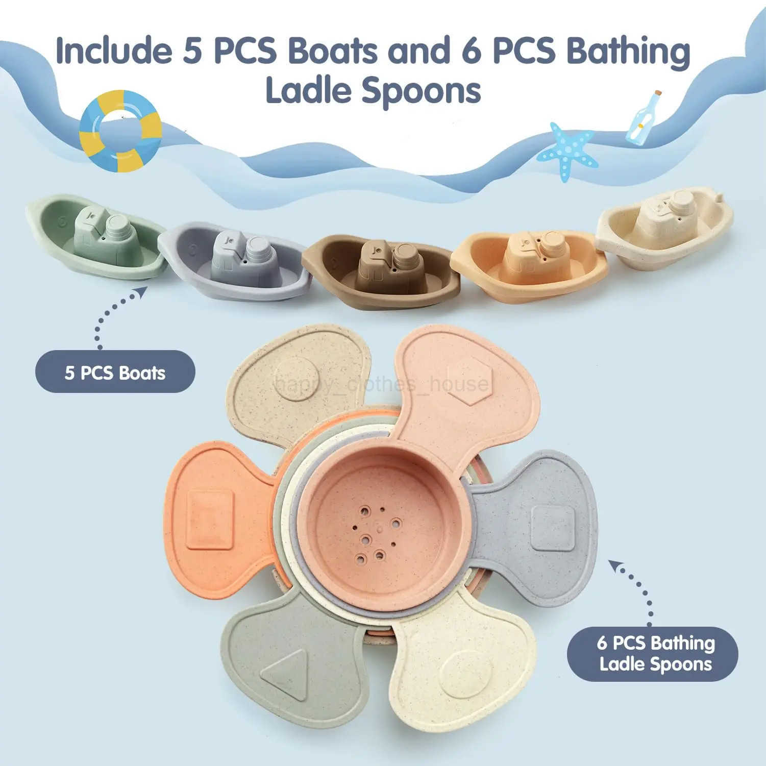 Bath Toys Floating Boats with Bathing Spoon Durable Educational Plastic Stacking Boat for Baby Water Table Toys Birthday GiftXJ241207