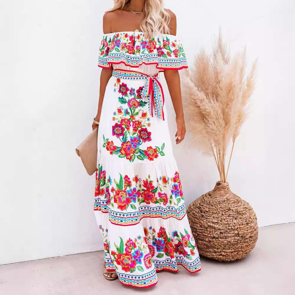 European American Spring and Summer One Shoulder Red wer Printed Long Swing Dress 2024 New Casual Fashion Trendy Clothing