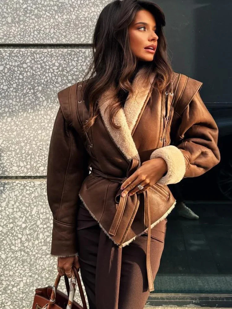 Elegant Pu Leather Patchwork Jacket With Belt Women Fashion Long Sleeves Drawstring Tie Coat 2024 Female Thick Street Outwear 241205