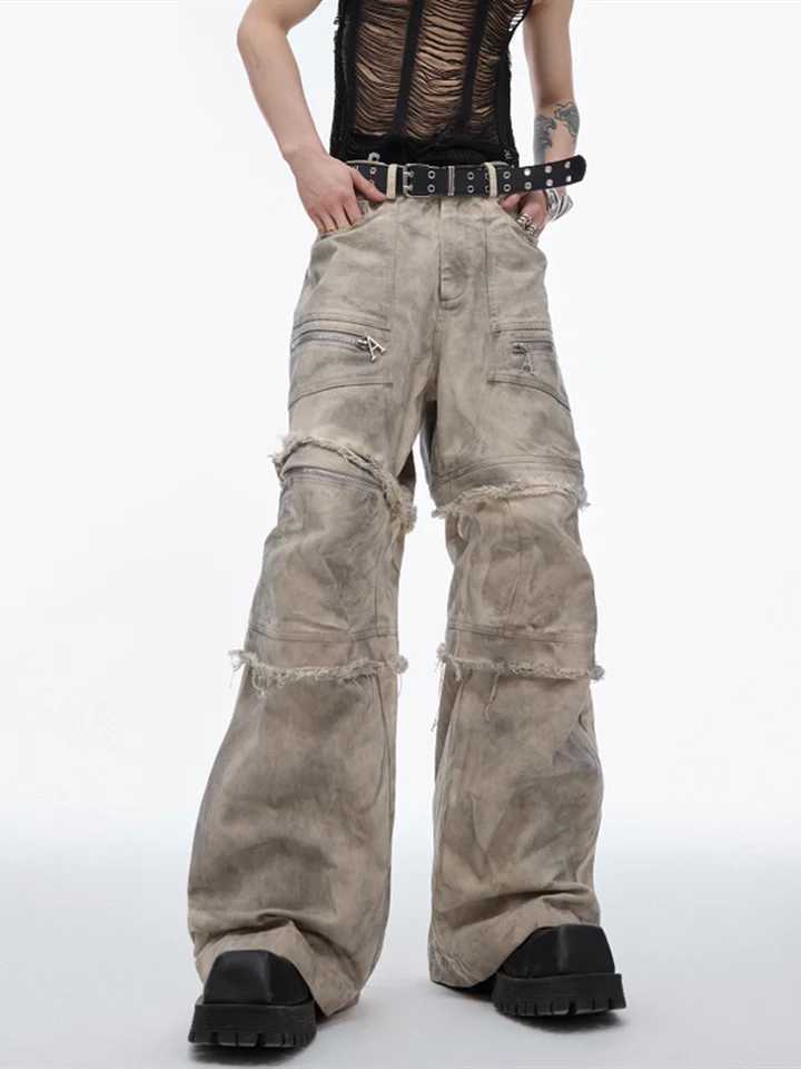 High Quality Ropa Grunge Y2K Streetwear Retro Grey Pocket Stacked Jeans Cargo Pants Mens Wide Leg Gothic Loose Pants T241207