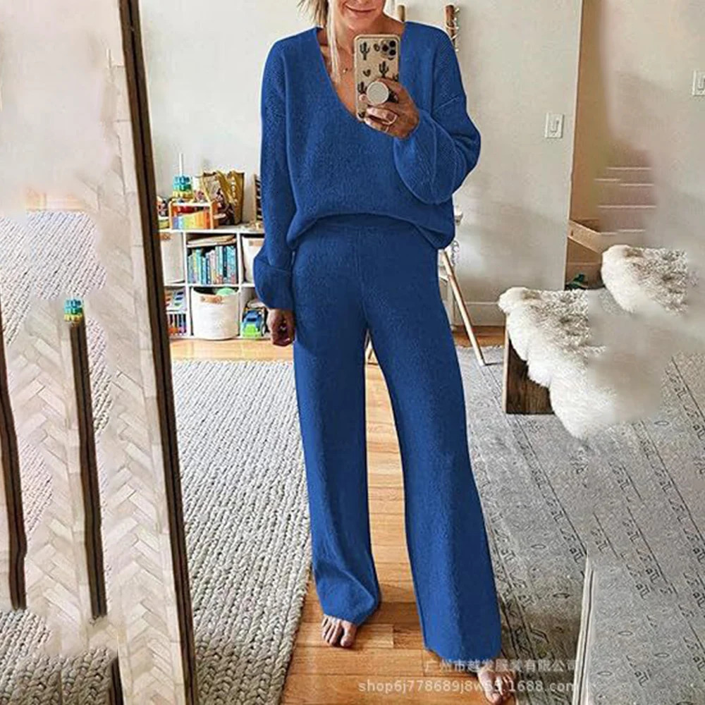 Casual twopiece womens clothing 2024 item long sleeved Vneck loose top wide leg pants set sportswear 241206