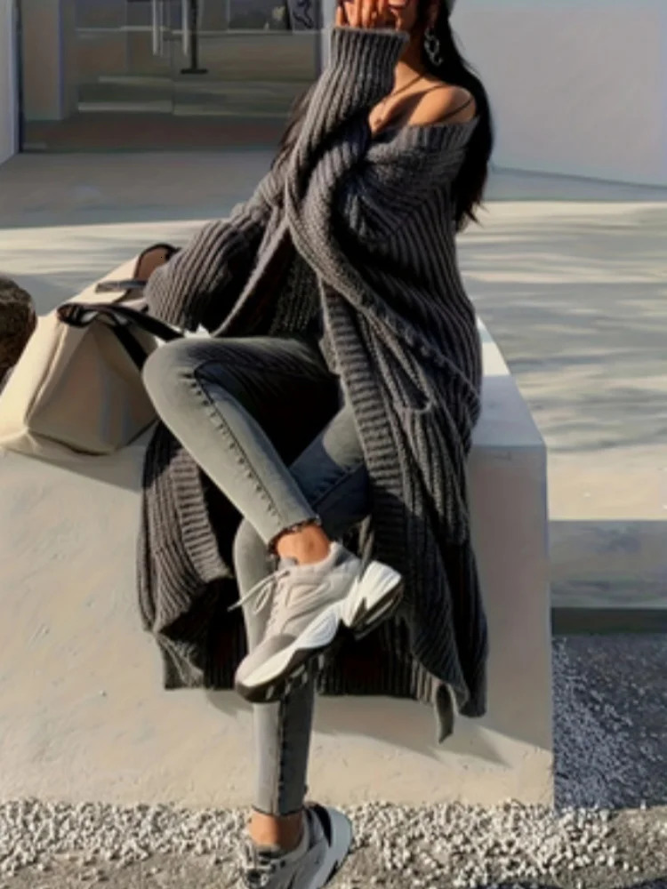 Plussize Length Cardigan Longsleeved Loose Versatile Pockets Jacket Work Daily Womens Streetwear Outerwear for Autumn Winter 241203