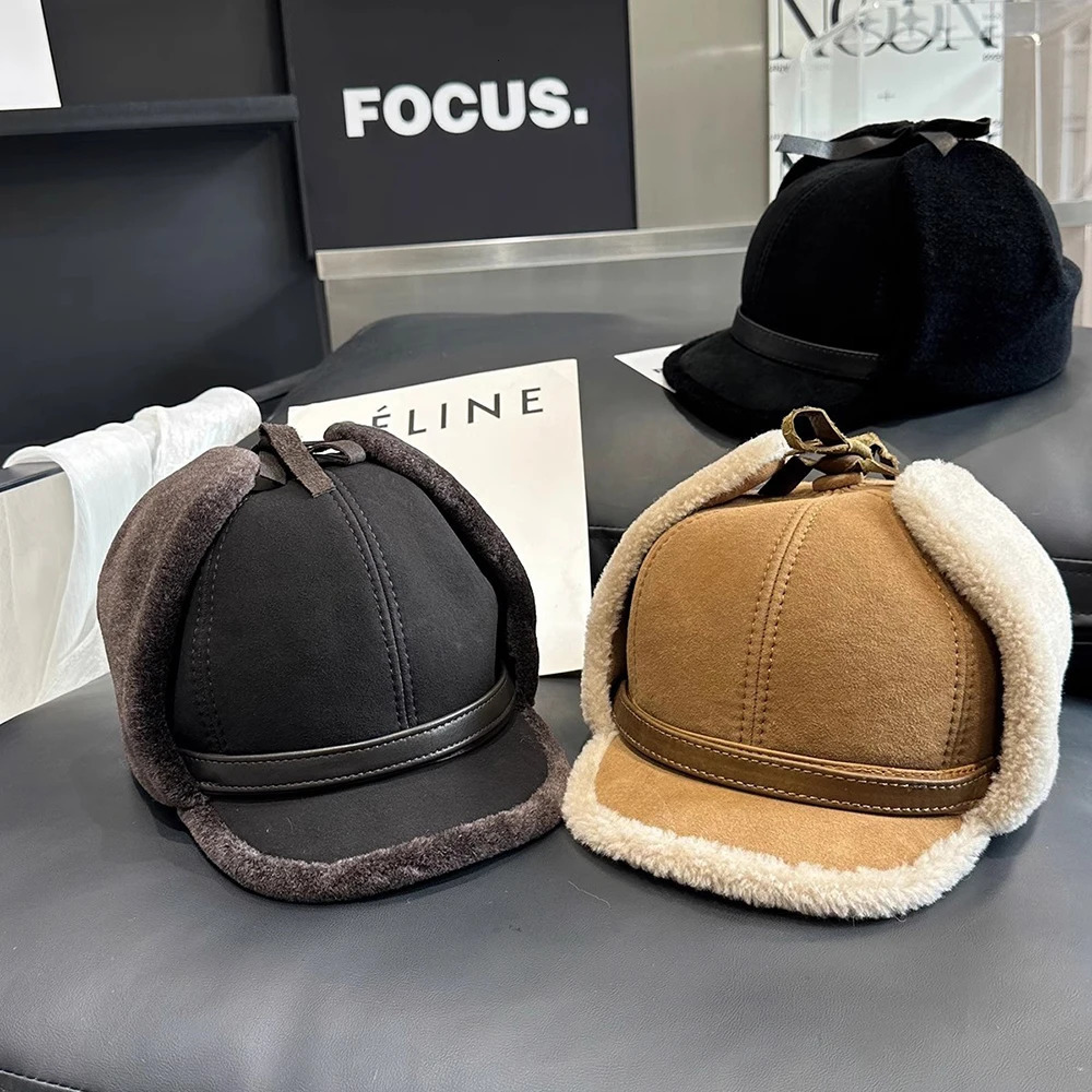 Winter High Quality Leather Hat Mens Fur Cashmere Warm Thick Earrings Bomber Hat Mens Baseball Hat Russian Hat 241206