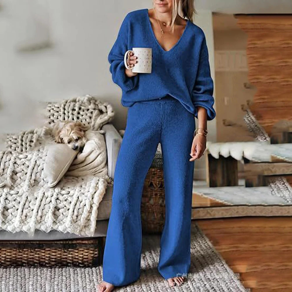 Casual twopiece womens clothing 2024 item long sleeved Vneck loose top wide leg pants set sportswear 241206