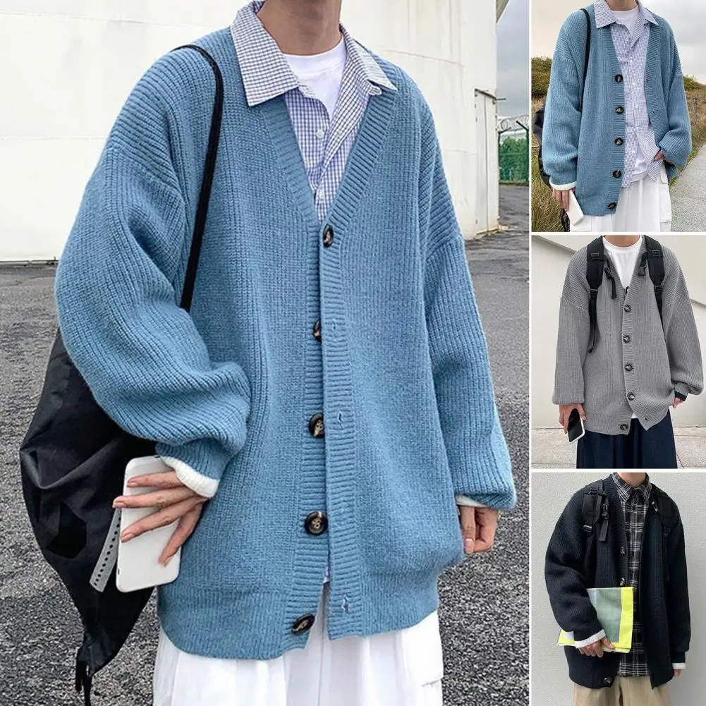 Korean style fashion solid color mens knitted cardigan single chest long sleeved sweater jacket 241206