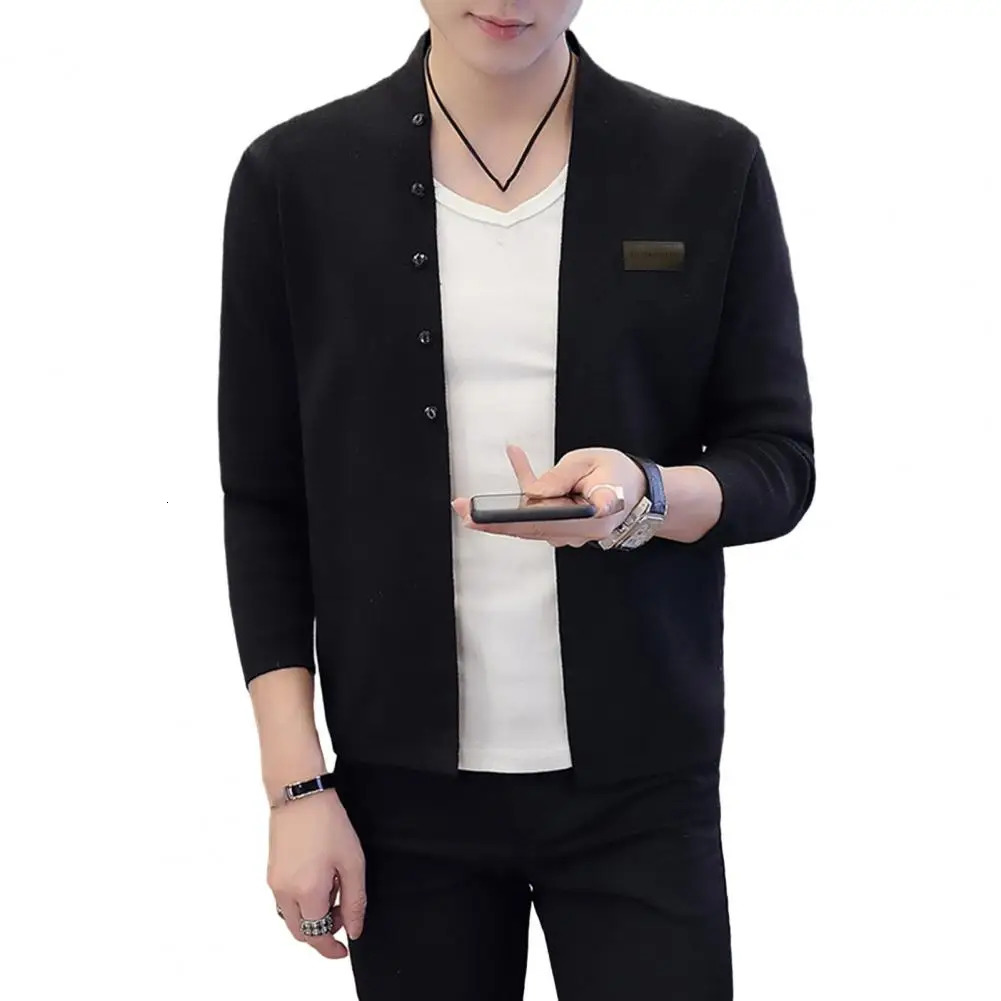 Button mens jacket knitted cardigan fashionable ultrathin fit warm vertical collar badge 241206
