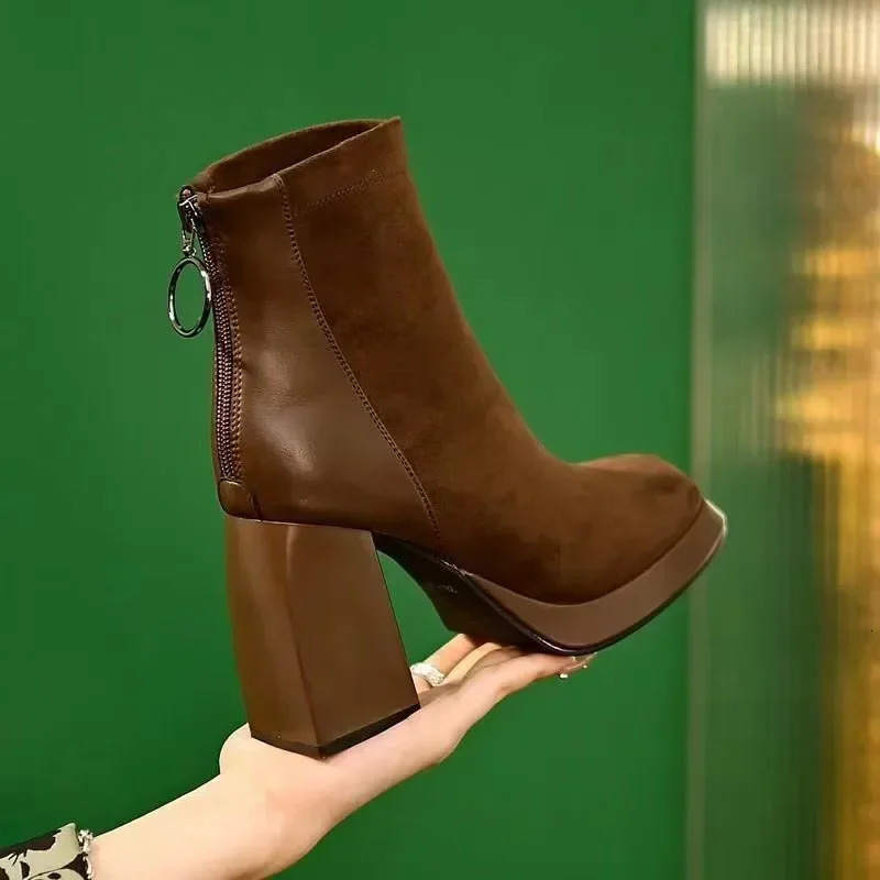 Platform Short Boots for Women Fashion Casual Square Toe Chunky Heels Ladies Shoes All-match Square Toe Boots 241206