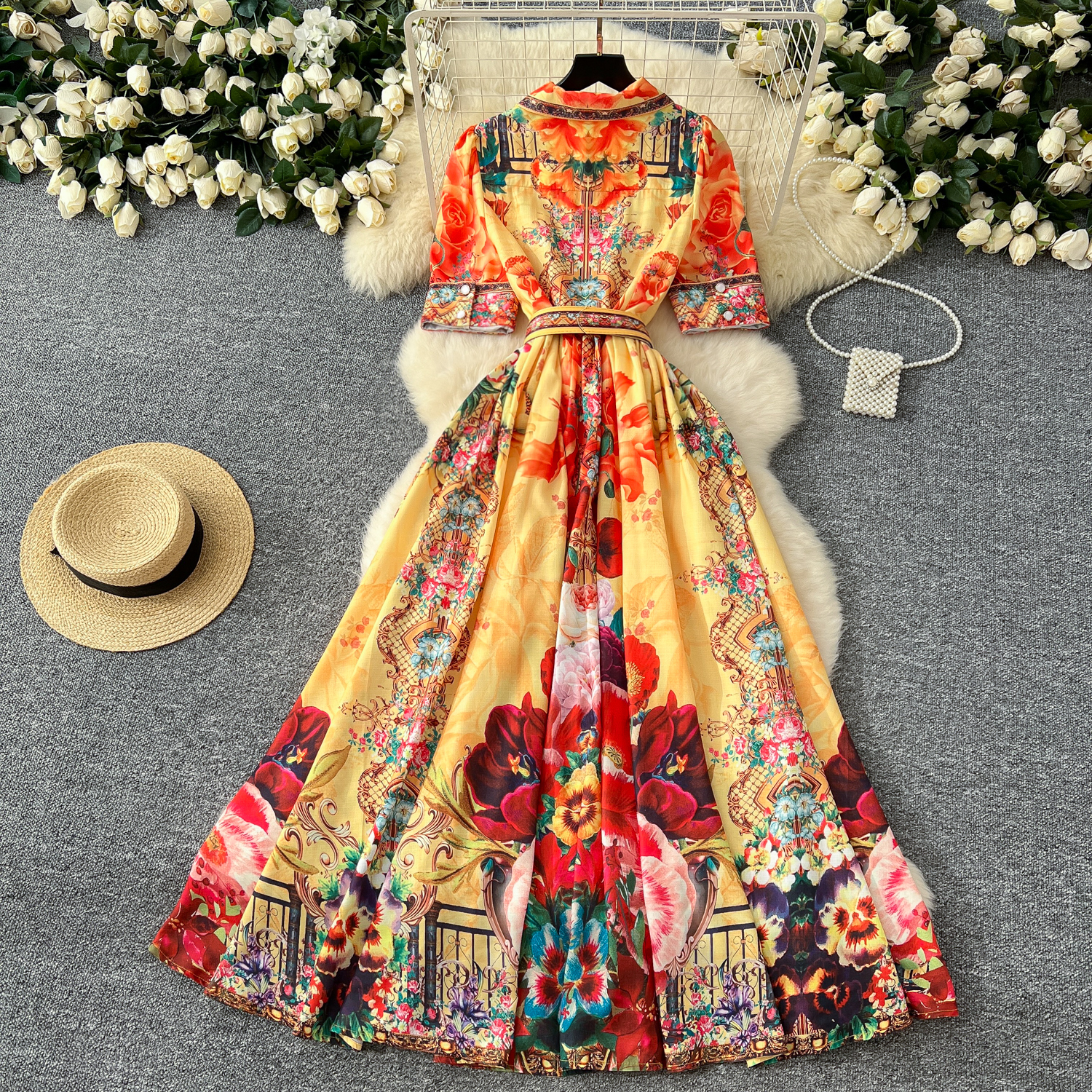 Runway Women Dresses Summer Holiday Flower Linen Robe Dress Women Short Sleeve Notched Belt A-line Beach Party Vestido Pearls Buttons Up Maxi Clothes