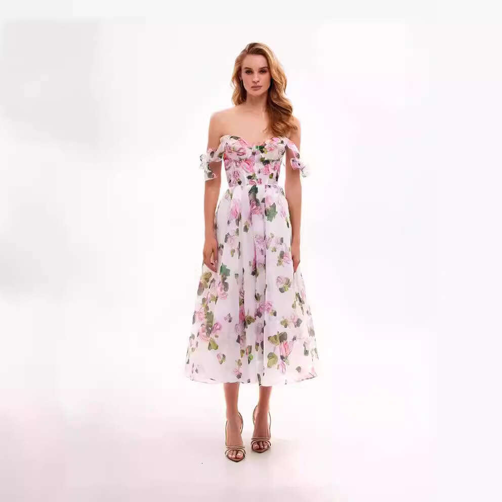 spring/summer off shoulder women's fashion, organza fairy mid evening dress, 2024 new style chic and elegant clothing